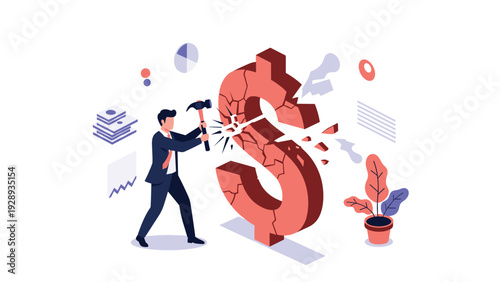 Stressed businessman uses a heavy hammer to smash a giant red dollar sign representing financial loss or an economic crisis.