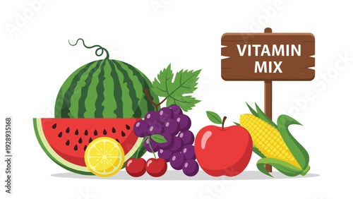 Healthy assortment of fresh fruits and vegetables including watermelon, grapes, apple, corn, and cherries with a wooden sign.