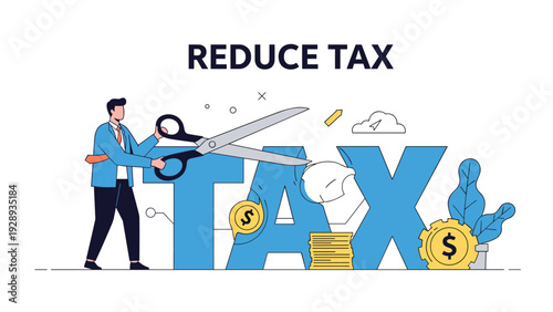 Professional man in a suit uses a large pair of scissors to cut the word tax in half symbolizing tax reduction and savings.
