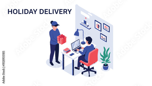 Friendly delivery person brings a holiday gift box to a man working at his office desk with a laptop and various documents.