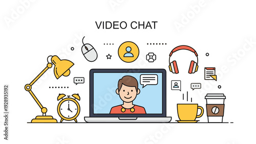Modern video chat illustration showing a person on a laptop screen surrounded by workplace items like headphones and coffee.