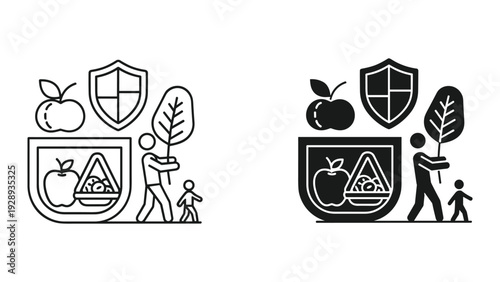 Family protecting healthy food with shield icon