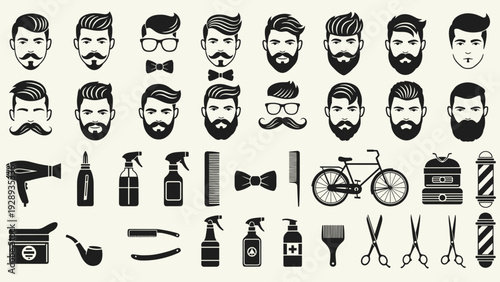 Set of barbershop icons featuring various male hairstyles and beards along with grooming tools like scissors and a hairdryer.