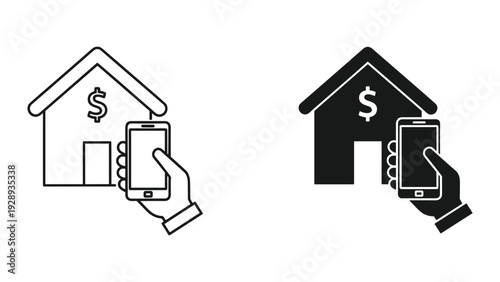 Hand holding smartphone with house and dollar sign for finance and real estate concepts