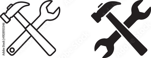 Crossed hammer and wrench in line and solid black tools line solid black