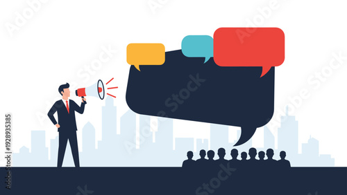 Man in a suit uses a megaphone to speak to a crowd of people with a large blank speech bubble for custom text over city skyline.