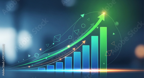 Financial growth chart with upward trend and rising bars.