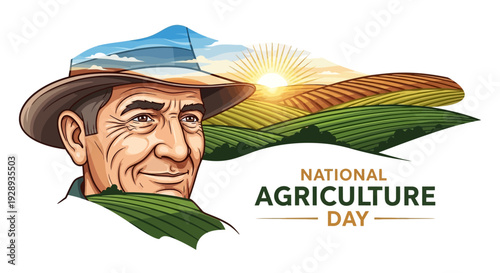 Illustration of a smiling farmer on National Agriculture Day with a field and sun in the background, symbolizing celebration and awareness of agriculture and farming.