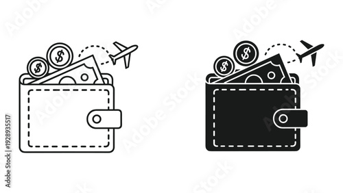 Wallet overflowing with cash and coins with airplane flying away