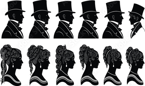 Set of Vintage Regency Style Profile Silhouettes Featuring Elegant Gentlemen in Top Hats and Ladies with Ornate Period Hairstyles and Jewelry