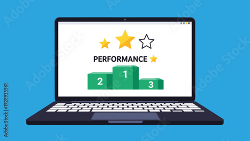 Performance ranking dashboard displayed on a laptop screen featuring a winners podium with gold stars to indicate high levels of success.