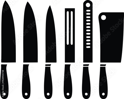 Collection of kitchen knives and sharpening steel flat vector silhouette icons for culinary design isolated on white background