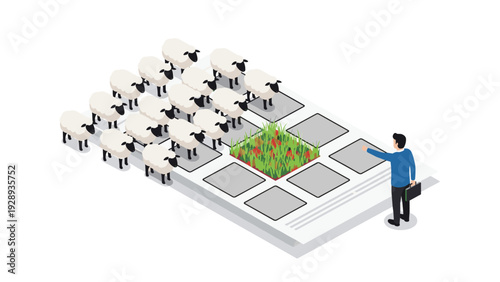 Business choice and selection concept where a man chooses a single square of green grass among a large herd of identical white sheep.