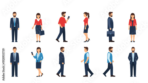 Vector character set featuring men and women in various business and casual attire shown from different perspectives and in motion.