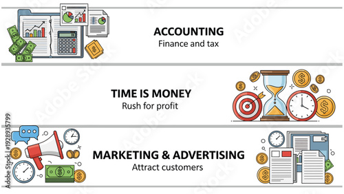 Educational business banners presenting concepts for accounting, time management, and marketing with relevant icons and descriptive text.