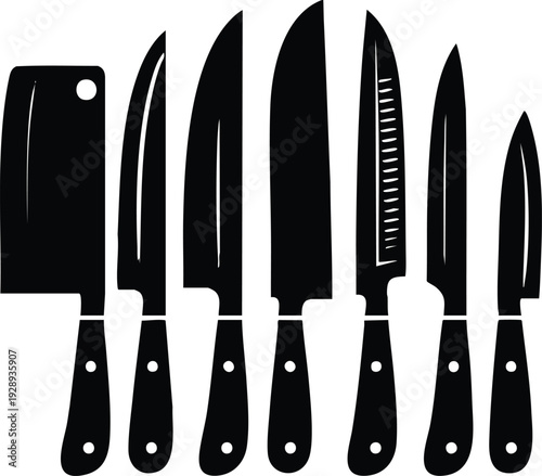 Collection of black kitchen knives sharp cutlery set for cooking and food preparation isolated on white background