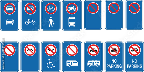 Traffic prohibition road signs vector illustration set with vehicle restrictions, no parking symbols, pedestrian access, and transportation regulation signage