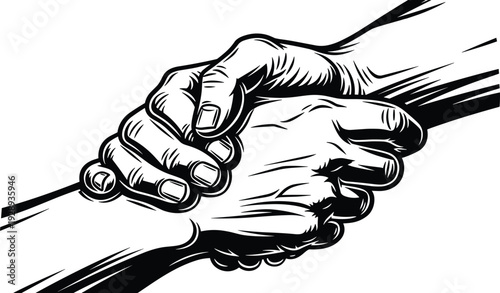 Vector illustration of two hands gripping wrists in a strong handshake representing partnership, rescue, teamwork, support, unity, and mutual cooperation