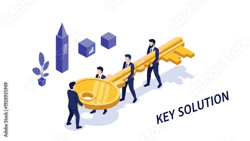 Group of dedicated business people carrying a massive golden key towards success as a metaphor for finding the right solutions.