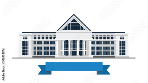 Grand neoclassical government or institutional building design featuring large pillars and a blank blue ribbon banner for text.
