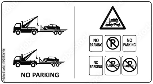 No parking vector sign illustration with tow truck symbol, vehicle removal warning icons, and prohibition signage design for traffic control and public areas