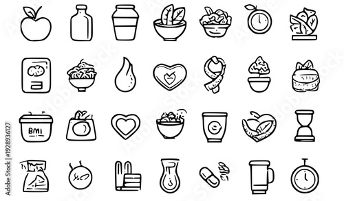 A set of black and white line art icons representing healthy eating and nutrition