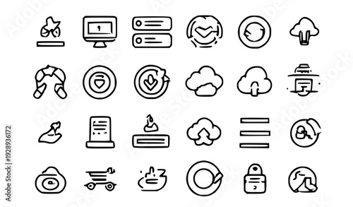 A collection of line art icons representing various digital and security concepts