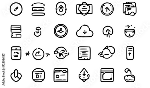 A set of modern line art icons representing various digital concepts and actions