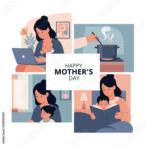 Happy Mothers Day illustration showcasing a loving mothers daily life balancing work care and family