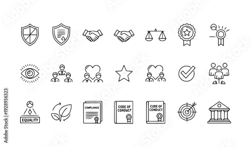 A set of line art icons representing business compliance and ethics