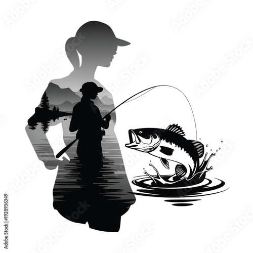 Female Angler Silhouette Double Exposure with Mountain Lake and Jumping Largemouth Bass – Monochrome Vector Art