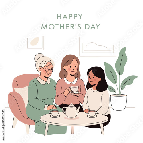 Three generations of women celebrating Mothers Day with tea a heartwarming family moment illustratio