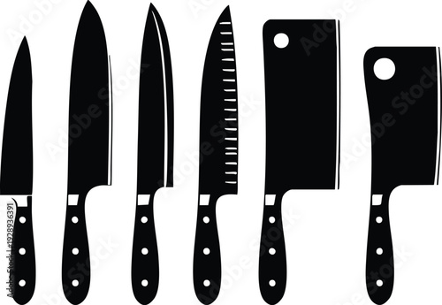 Collection of black kitchen knives chefs tools and cutlery isolated on white background