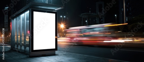 The billboard at an illuminated bus stop with blank poster and streaking traffic lights