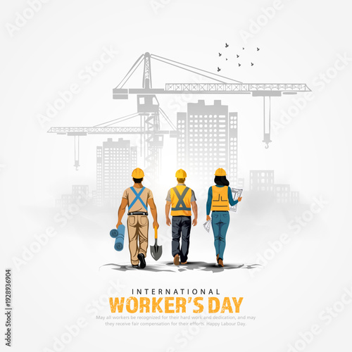 happy Labour day or international workers day vector illustration, site engineer, labour with safety cap going to construction site. labor day and may day celebration design.
