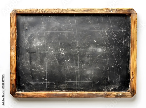 A dark and weathered vintage chalkboard rests against a textured grunge concrete wall, featuring an aged black surface with a dusty pattern of chalk and a blank wooden frame