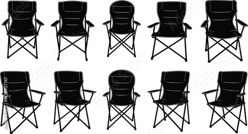 A grid of ten black silhouette camping chairs arranged in two rows, outdoor seating arrangements folding chairs
