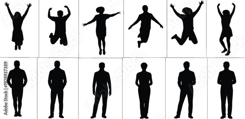 Diverse group of people in silhouette jumping and standing in various poses against a white background