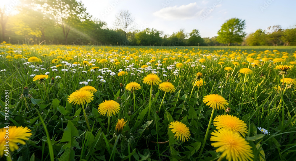 Obraz premium Golden dandelions and white daisies bloom in a sun-drenched meadow during springtime