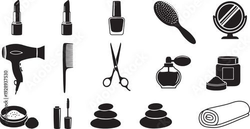 Beauty and Personal Care Silhouette Vector Icons Set Lipstick, Nail Polish, Hairbrush, Mirror, Hairdryer, Comb, Scissors, Perfume, Cream Jar, Powder Compact, Mascara, Spa Stones, Towel