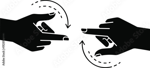Silhouette of two hands gesturing towards each other with curved arrows indicating interaction or communication, symbolizing connection and exchange
