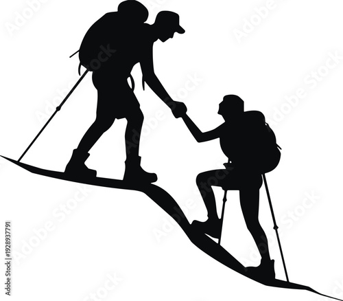 Silhouette of two hikers helping each other ascend a steep slope with trekking poles, representing teamwork, support, and overcoming challenges together