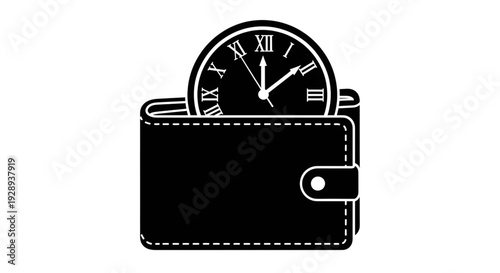 silhouette of a leather wallet with a round clock face featuring Roman numerals inside it
