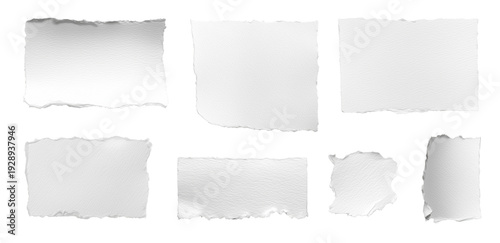 破れた白い紙の断片が並ぶ。デザインやコラージュ素材に適した透過パーツ素材。