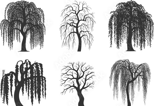 Six silhouette of weeping willow and bare trees, showcasing intricate branch structures and flowing foliage