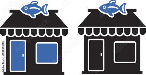 Two simple of a fish market stall with a blue fish on one in color and one monochrome shop store building