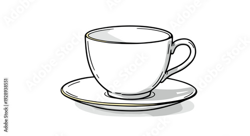 white porcelain tea cup with saucer hand drawn illustration minimalist style