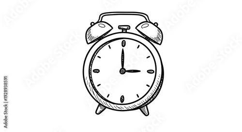 hand drawn alarm clock sketch illustration in black and white line art style