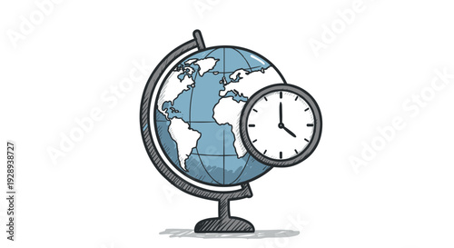 hand drawn globe with clock icon symbolizing world time concept and global timezone illustration