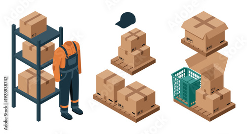 warehouse worker uniform and delivery boxes with shelves and pallets isometric vector set